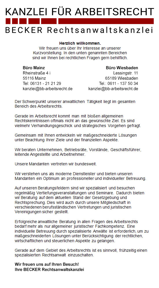 Rechtsanwalt Arbeitsrecht Mainz Becker Rechtsanwaltskanzlei
